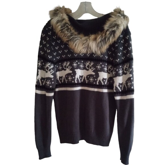 Roommates Hooded Faux Fur Trim Sweater Large Gray White Reindeer Winter Theme - Picture 2 of 9